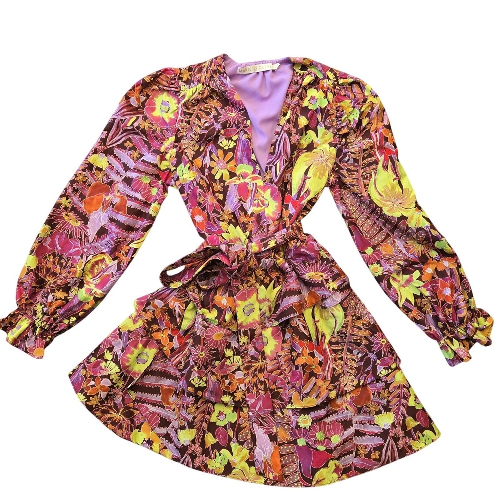 Marie Oliver Tiered Mini Dress Tropical Floral V Neck Long Sleeve Tie Waist XS - Picture 1 of 9